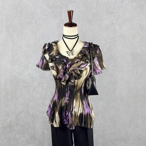 Y2K East 5th Semi Sheer Purple Multicolor Abstract Print Ruffle Button Up